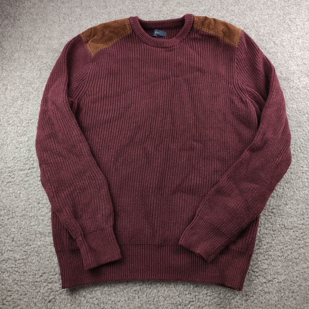J.Crew Mens XL Burgundy Ribbed Cotton Crewneck Sweater Suede Shoulder Patches‎
